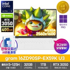 LG gram 16 Pro 16ZD90SP-EX59K U3 AI 노트북 윈도우11PRO 32GB램 SSD1TB 코어 울트라5 RTX3050 PD충전 400nits 고성능, 화이트, 1TB, 32GB, WIN11 Pro