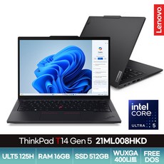 레노버 2024 씽크패드 T14 G5 코어Ultra5 인텔 14세대, 블랙, 512GB, 16GB, Free DOS, 21ML008HKD